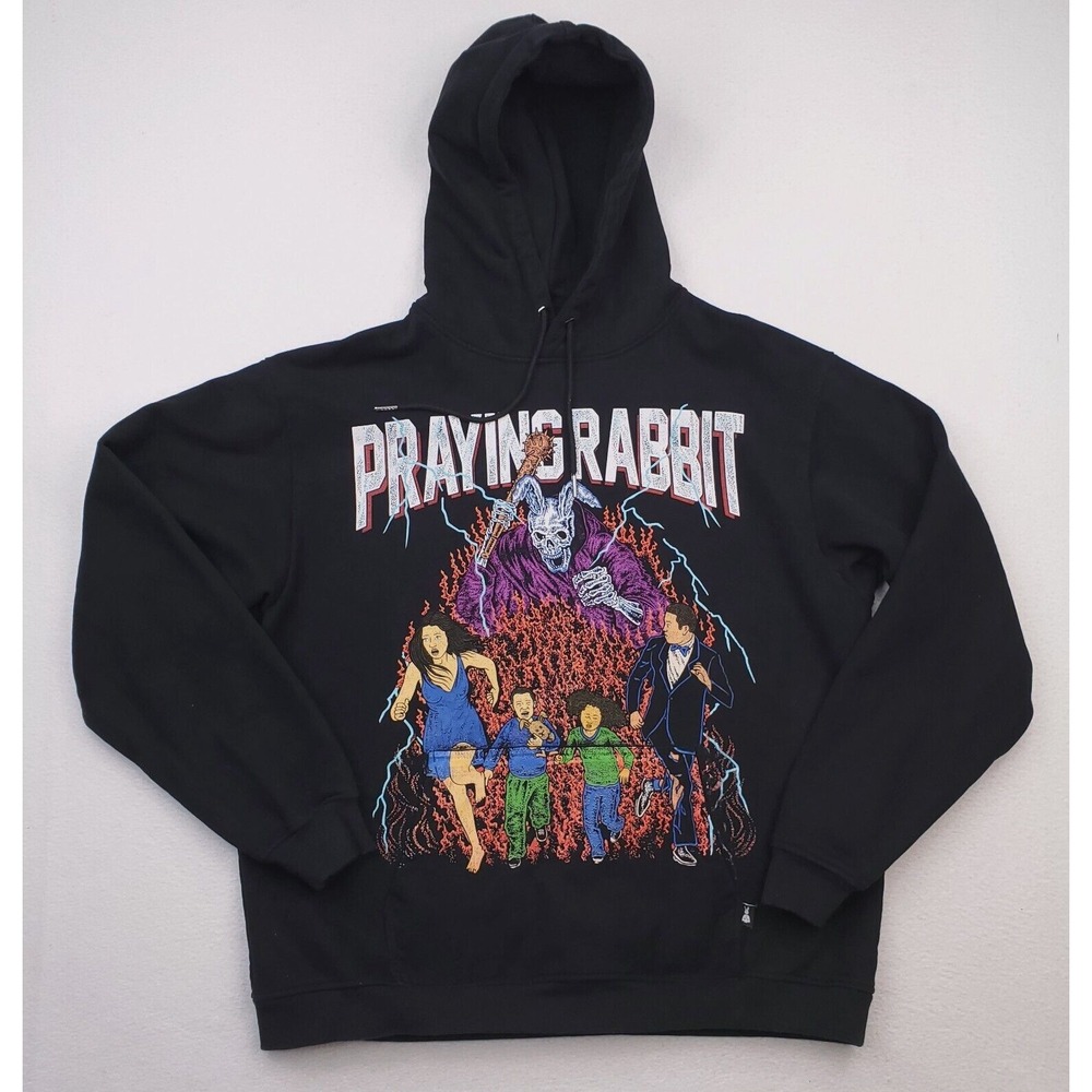 Praying‎ Rabbit Hoodie Mens Extra Large Black Terror Rabbit Sweatshirt Allover